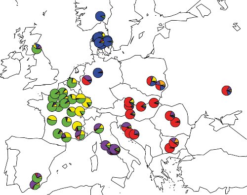 Figure 1. Les cinq groupes génétiques identifiés chez le pommier sauvage européen, chacun avec sa couleur respective.