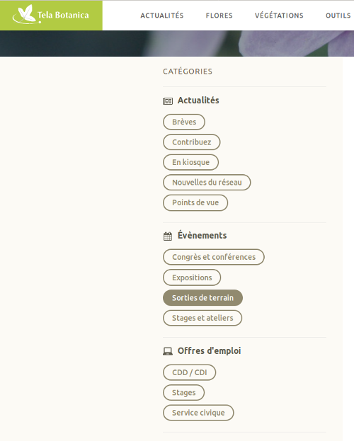 Menu catégories de la page actualités du site Internet de Tela Botanica - CC BY-SA Tela Botanica