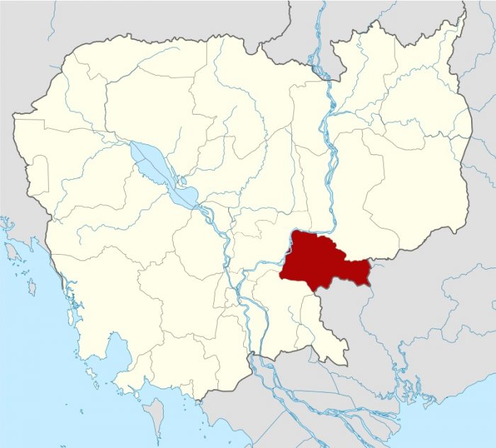 Sur cette carte du Cambodge, la province de Tbong Khmum est indiquée en rouge (Source : By Kmusser - Own work based on: Cambodia location map.svg by NordNordWest, CC BY-SA 3.0, https://commons.wikimedia.org/w/index.php?curid=31387014)