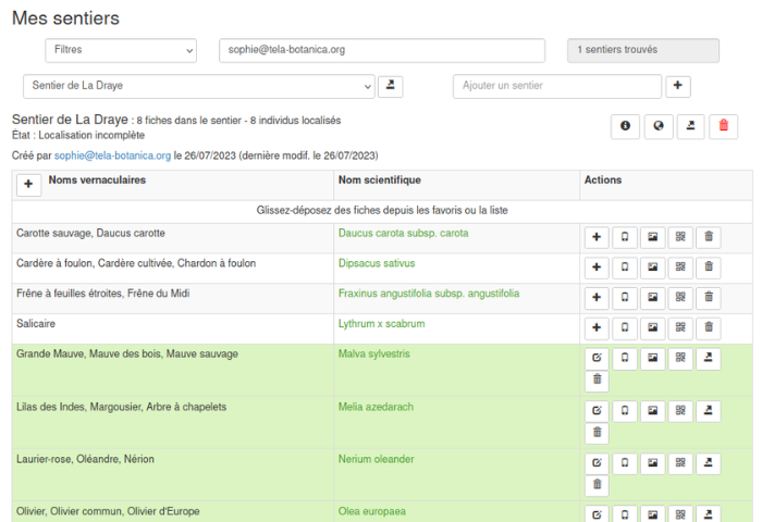 Aperçu de la création d'un sentier Smart'Flore depuis le tableau de bord